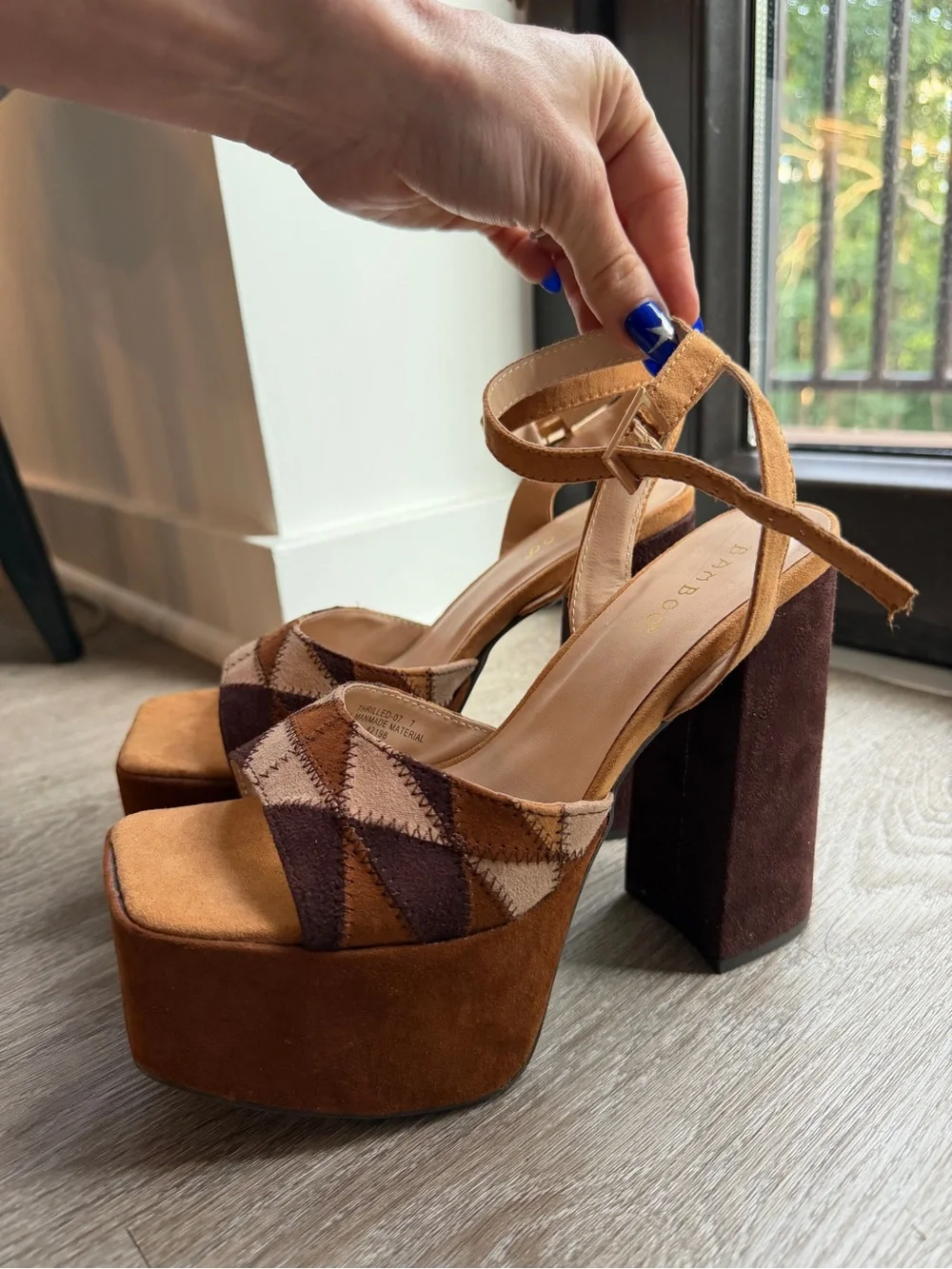 BAMBOO Brown and Tan Patchwork Platform Block Heels